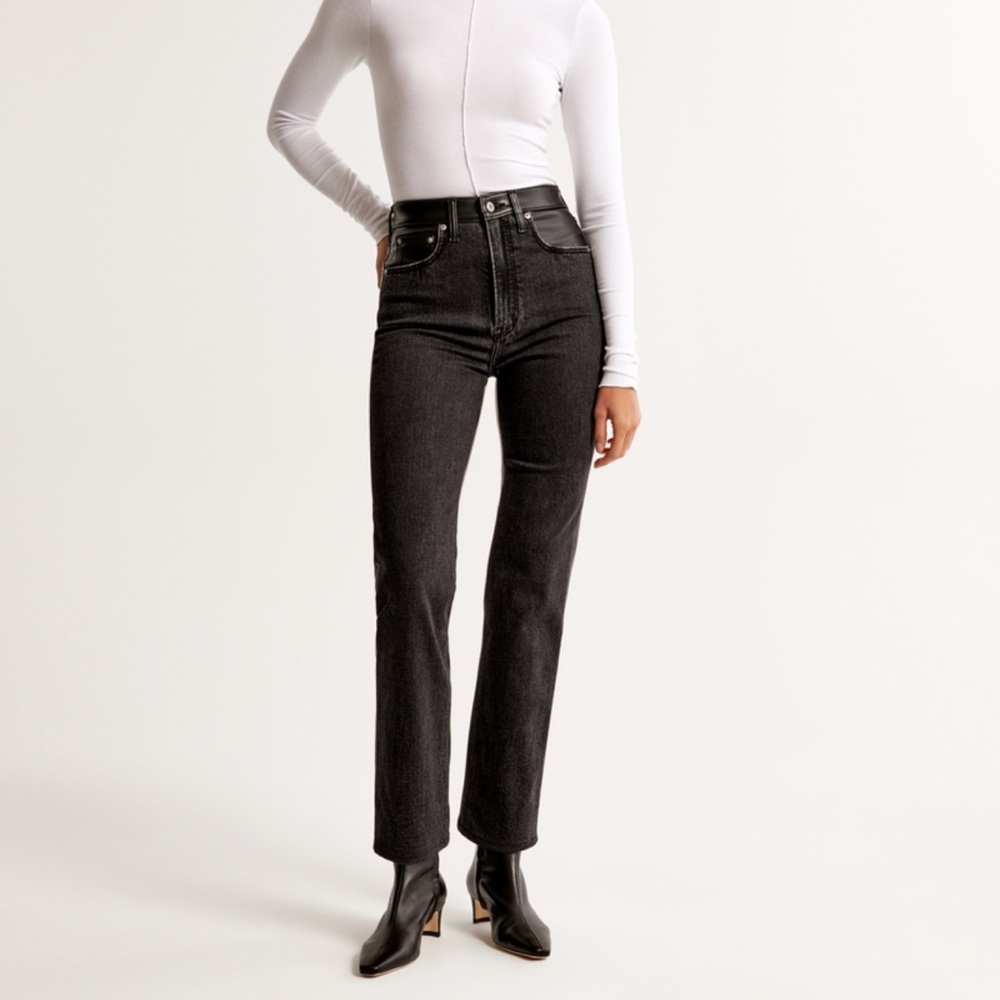 Abercrombie Mixed Fabric Ultra High Rise Ankle Straight Leather/Jean